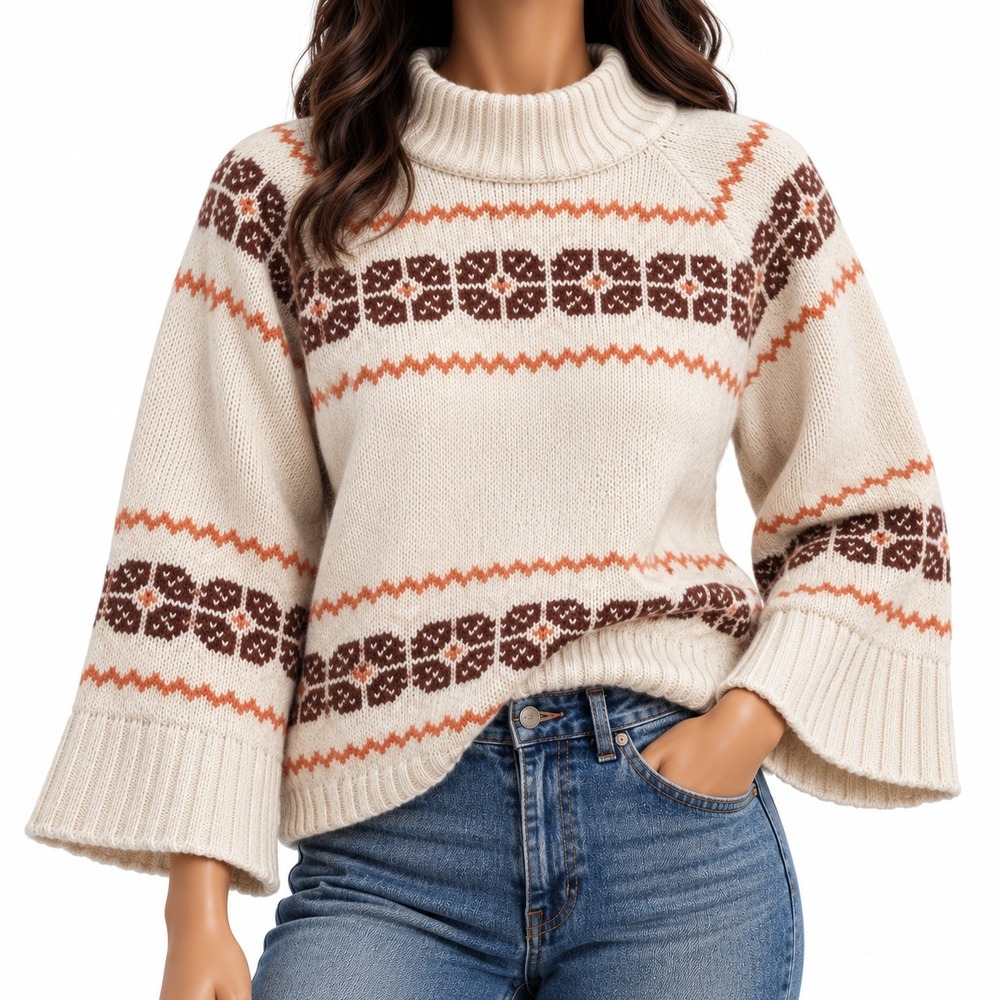 Madewell Fair Isle Mockneck Sweater Cream Brown Orange Bell Sleeve XL